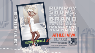 banner on the page of LEISURE FIT MODELS team. Shows a beautiful fit young women modeling is in athletic wear. 