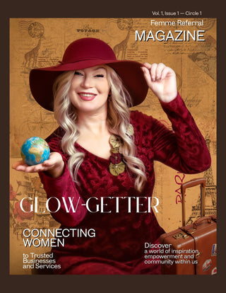 Magazine cover featuring a woman in a red outfit with a world globe, set against a vintage map background.