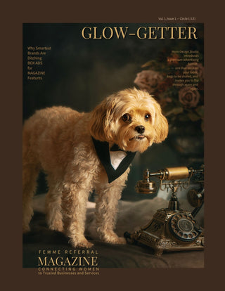 Cover of 'Glow Getter' magazine featuring a room with a brick wall, table, chairs, and a dog painting.