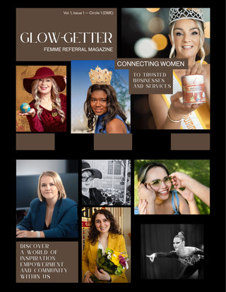 Glow-Getter magazine cover featuring various women and text about connecting women to businesses.