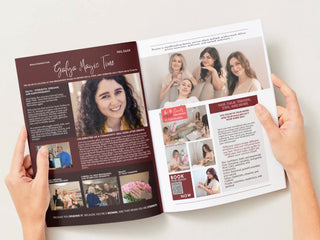 Person holding a magazine open to a page with a lifestyle spread and text.