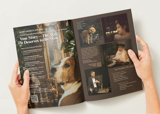 Open brochure with images of a dog, people, and text on a white background