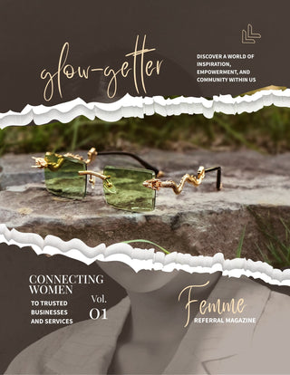 Magazine cover with a pair of sunglasses on a rock, featuring the brand 'glow-getter' and text about connecting women.