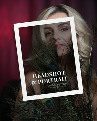 Woman with peacock feathers and a 'Headshot & Portrait' frame overlay