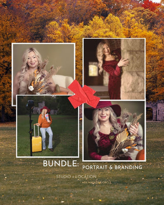Collage of a woman in various poses with autumn scenery, featuring a red bow graphic.