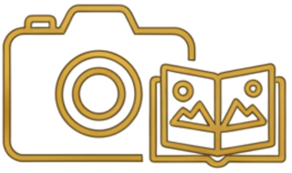 Gold camera icon with an open book showing images on a white background