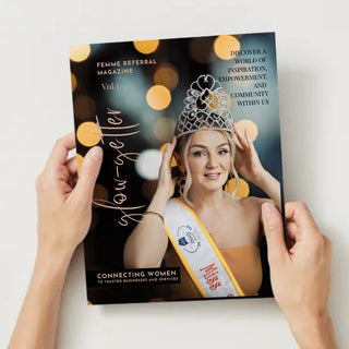 Magazine cover with a woman in a tiara and sash, held by hands on a light background