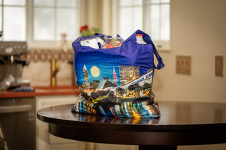 Colorful bag with a cityscape design on a kitchen counter