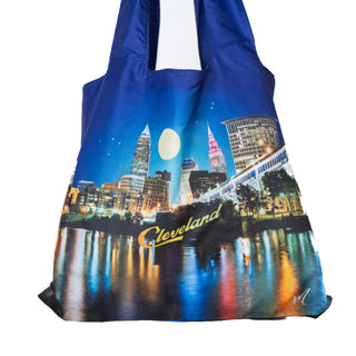 Tote bag with a cityscape design featuring 'Cleveland' on a white background