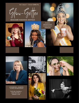 Collage of women in various poses with text and images on a dark background
