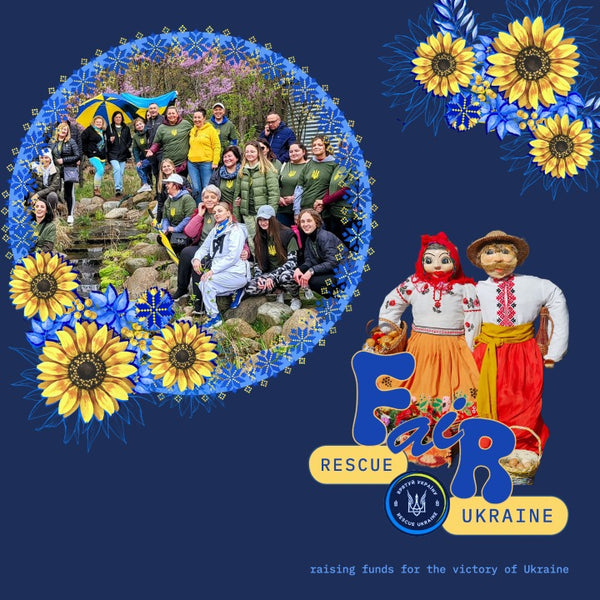 Photo of a group of volunteers who created the RESCUE UKRAINE FAIR gift shop to raise funds for the victory of Ukraine. Decorative images of bright yellow-blue sunflowers and cute handmade clay figurines of Ukrainian peasants