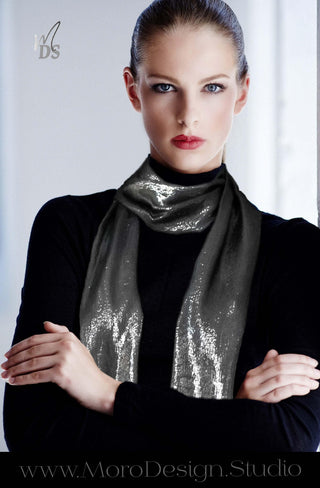 Metallic Silver-on-Black silk scarf