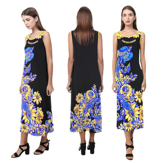Dress for summer vacation. Design from the UKRAINIAN COLORS collection. The image of a blue-and-yellow decorative bird on the black backgound and the slogan "Stand with Ukraine" shows three figures of young women showing the image from three different points of view.