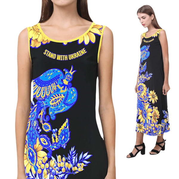 Summer vacation dress. Design from collection UKRAINIAN COLORS. Blue -Yellow decorative bird and slogan "Stand with Ukraine"