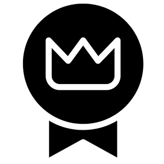 Black and white icon of a ribbon with a crown on a white background