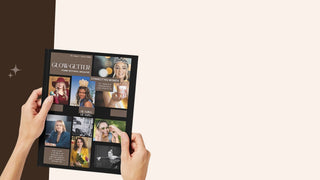 Person holding a magazine with various portraits on a plain background